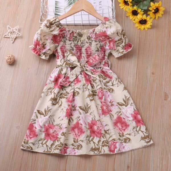 18M-6Y Toddler Girl Short-Sleeved Floral Print Dress With Waistband Wholesale Girls Clothes V592302230000112