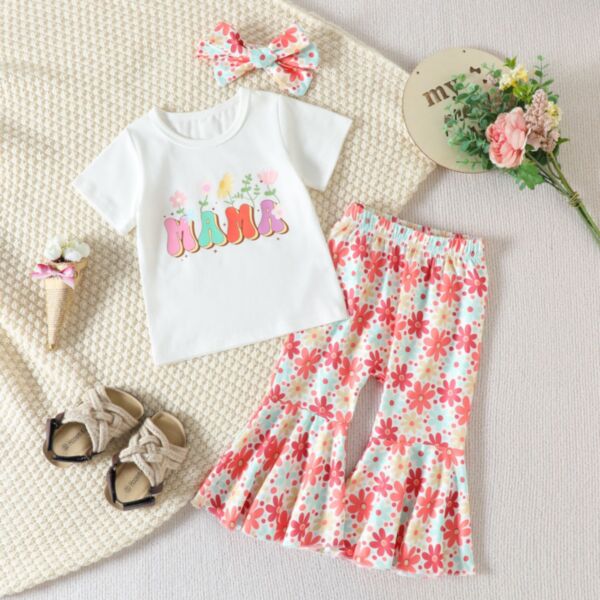 9M-4Y Flower Cute Letter T-Shirt And Floral Flares Trousers Set Wholesale Kids Boutique Clothing