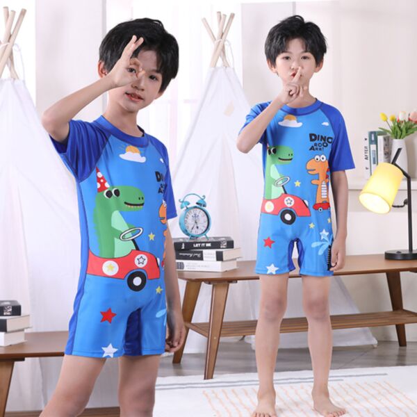 3-11Y Cartoon Dinosaur Print Colorblock Short Sleeve Swimwear Jumpsuit Wholesale Kids Boutique Clothing