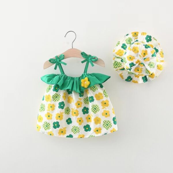 6-24M Baby Girl Floral Print Ruffle One-Neck Suspender Dress And Hat Wholesale Baby Clothes Suppliers V5923031500180