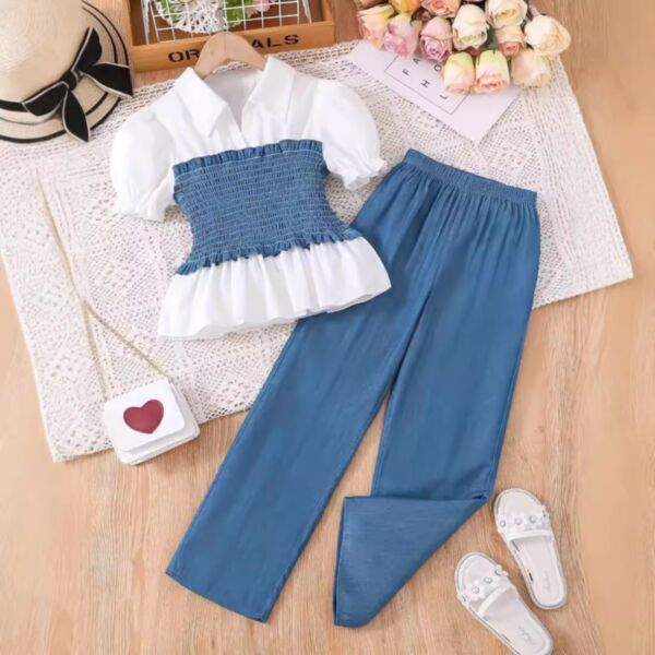 7-14Y Kids Girls Smocked Lapel Tops And Wide Leg Pants Two Piece Set Wholesale Kids Clothes V3824080600024