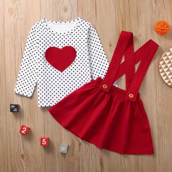 9M-4Y Toddler Girl Sets Long Sleeve Heart Print Polka Dot Top And Suspender Skirt Wholesale Girls Fashion Clothes V5923032000072