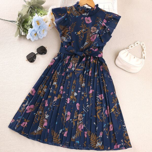 7-12Y Lotus Sleeveless Floral Pleated Long Dress Wholesale Kids Boutique Clothing