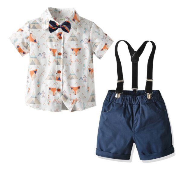 9M-6Y Toddler Boy Suit Sets Cartoon Fox Print Short-Sleeved Single-Breasted Bow Tie Top And Suspender Shorts Wholesale Boys Clothing V5923031600230
