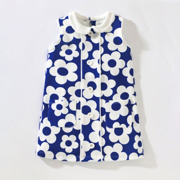 18M-7Y Flower Sleeveless Button Pocket Dress Wholesale Kids Boutique Clothing