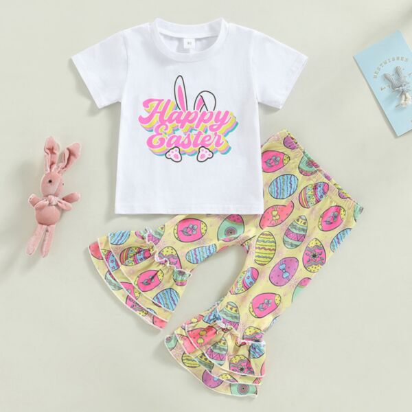 9M-4Y Easter Bunny Rabbit Letter Print T-Shirt And Cartoon Egg Flares Trousers Set Wholesale Kids Boutique Clothing