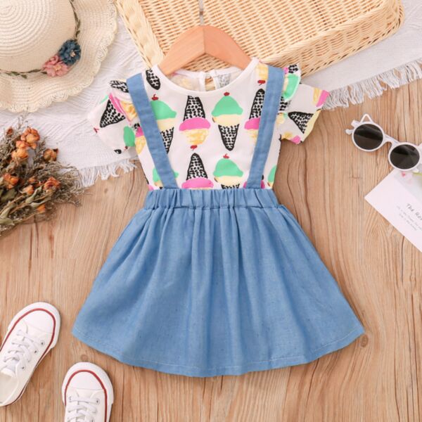9M-4Y short sleeve graph Tops and suspender pleated skirt set wholesale kids boutique clothing