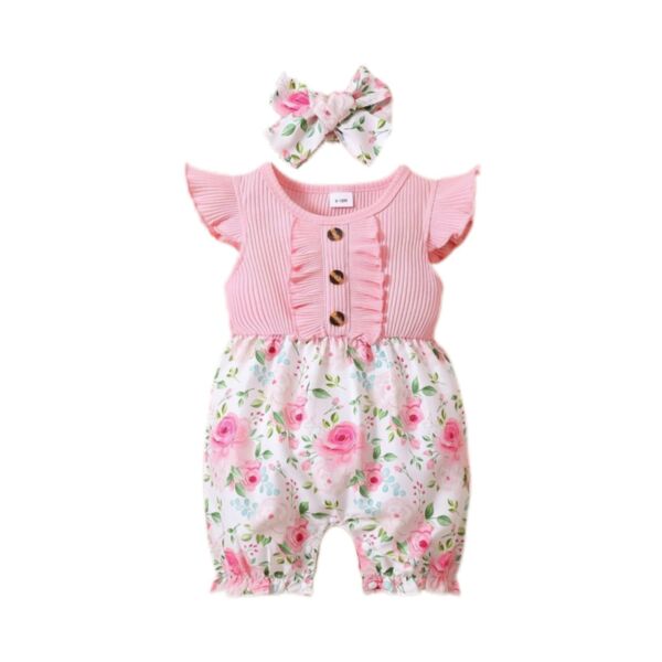 3-24M Summer Pink Floral Print Bodysuit Two-Piece Set Wholesale Baby Clothes V3824053100006