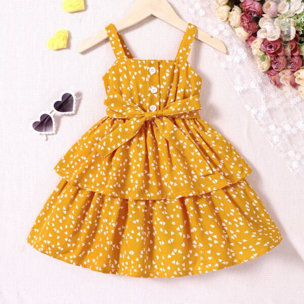 18M-6Y Heart Floral Print Suspender Double Layer Pleated Dress Wholesale Kids Boutique Clothing