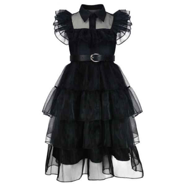 3-9Y Kids Girls Addams Family Cos Clothing Black Lapel Mesh Dress Or Wig Wholesale Kids Clothing V3823031300023