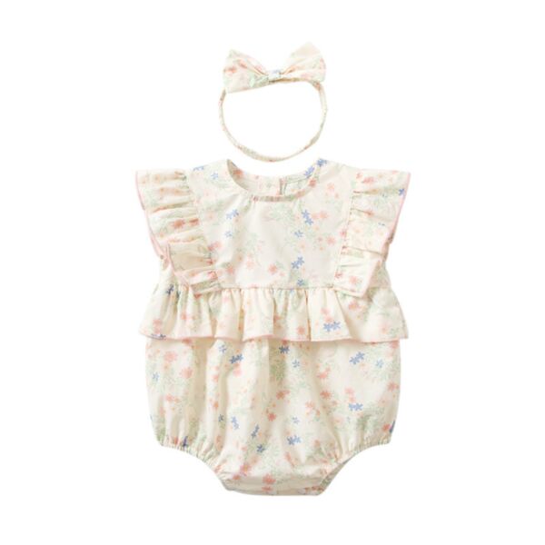 3-24M Baby Girls Floral Ruffled Trim Sleeveless Bodysuit & Headband Wholesale Baby Clothes V3823010600011
