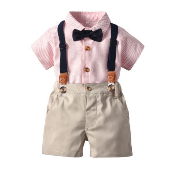 6M-6Y Striped Short Sleeve Bowknot Shirt And Suspender Shorts Set Wholesale Kids Boutique Clothing