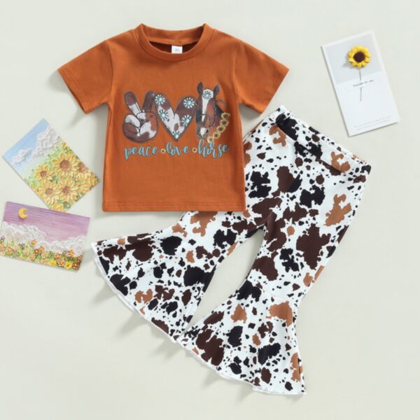 9M-4Y Horse Cartoon Letter Print Short Sleeve T-Shirt And Milch Cow Print Flares Trousers Set Wholesale Kids Boutique Clothing