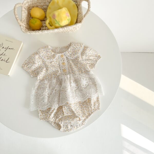 0-18M Floral Collar Short Sleeve Button Lace Skirt Romper Baby Wholesale Clothing