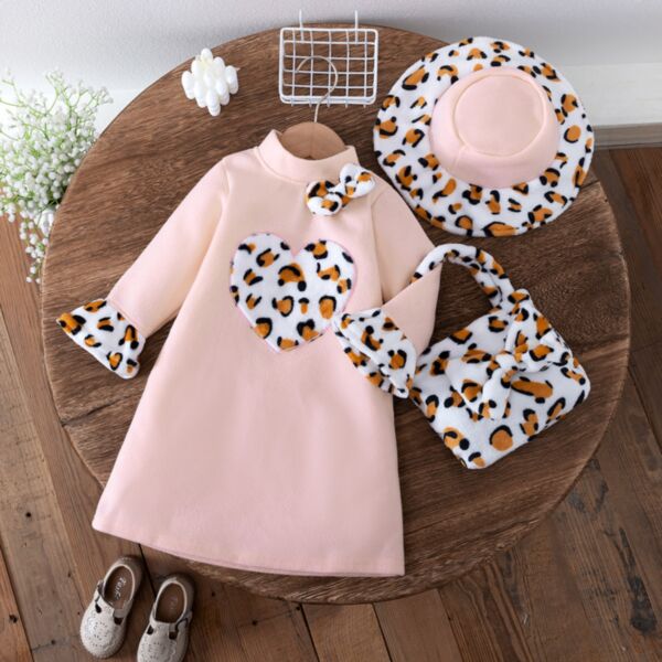 2-7Y Toddler Girls Plush Leopard Patchwork Dress With Bag And Hat 3-Piece Set Wholesale Girls Clothes V3824112600009