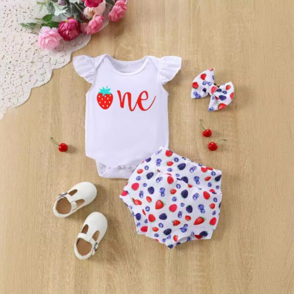 9-18M Baby Strawberry Blueberries Print Bodysuit Shorts Sets With Headband Wholesale Baby Clothes V3824073000054