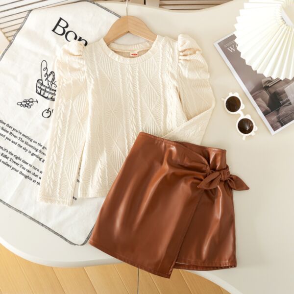 3-7Y Toddler Girls Half-High Collar Puff Sleeve Textured Tops Irregular Leather Skirts Set Wholesale Girls Clothes V3824112600003