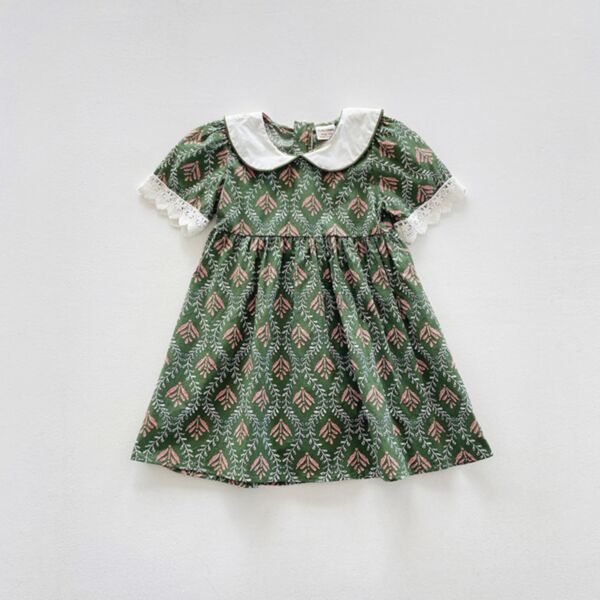 18M-7Y Leaf Print Lace Short Sleeve Dress Wholesale Kids Boutique Clothing