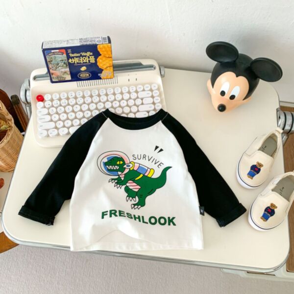 9M-6Y Colorblock Cartoon Dinosaur Print Long Sleeve Pullover Wholesale Kids Boutique Clothing