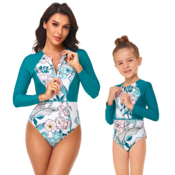 Florla Long-Sleeved One-Piece Zipper Parent-Child Swimsuit Mommy And Me Wholesale V3823030600162