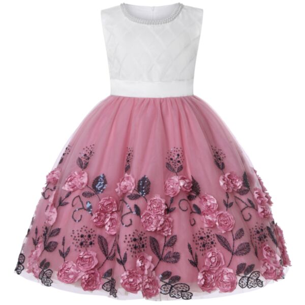 2-10Y Sleeveless Pearl Neck Flower Mesh Princesses Dress Wholesale Kids Boutique Clothing