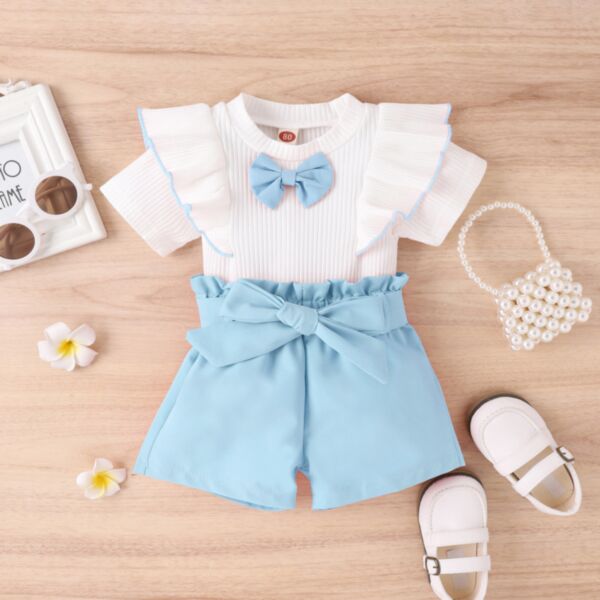 9M-4Y Toddler Girl Sets Bow Ruffle Short-Sleeved Top And Shorts With Waistband Wholesale Little Girl Clothing V5923032300288
