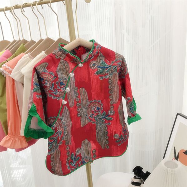 18M-7Y Cheongsam Flare Sleeve Chinese Style Tops Wholesale Kids Boutique Clothing