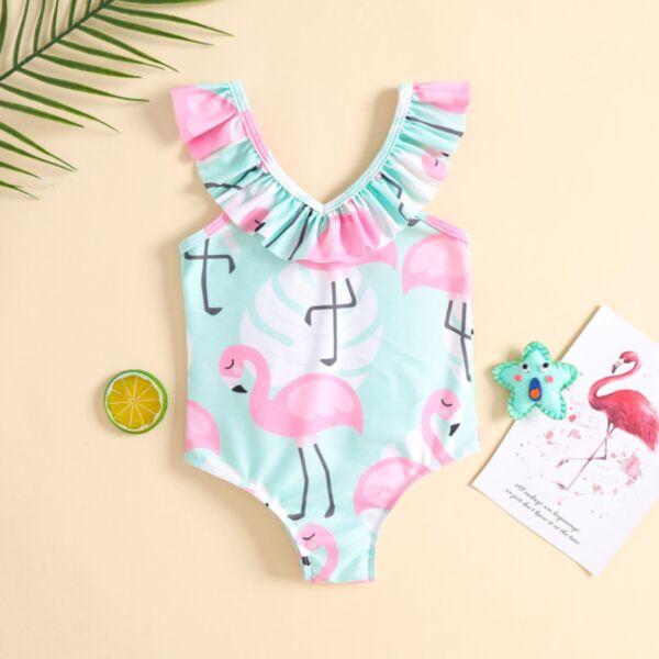 18M-6Y Bird Animal Print Lotus Collar Romper Swimwear Wholesale Kids Boutique Clothing