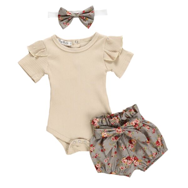 0-18M Lotus Short Sleeve Knitwear Romper And Flower Bowknot Shorts Set Baby Wholesale Clothing