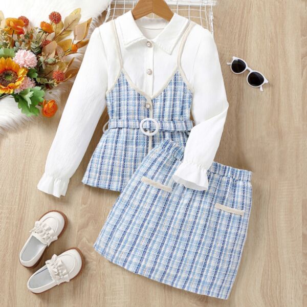 7-12Y Lotus Long Sleeve Shirt And Plaid Suspender Tops And Skirt Set Wholesale Kids Boutique Clothing