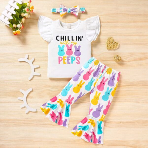 18M-6Y Toddler Girls Set Easter Bunny Print Flying Sleeve T-Shirt Flared Pants Headband Wholesale Girls Clothes V3823022200030