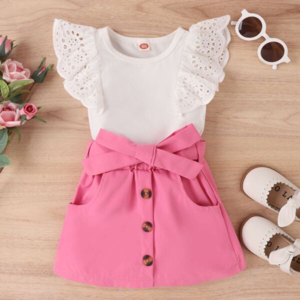 9M-4Y Lace Flying Short Sleeve Tops And Skirt Set Wholesale Kids Boutique Clothing