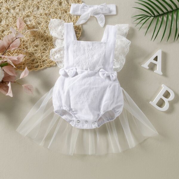 3-18M White Flying Lace Sleeve Bowknot Mesh Skirt Romper Baby Wholesale Clothing