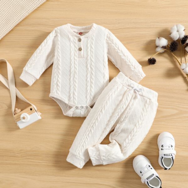 0-18M Solid Color Knitwear Long Sleeve Button Romper And Trousers Set Baby Wholesale Clothing