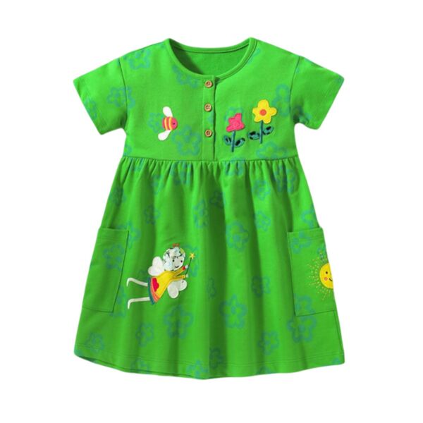 18M-7Y Flower Insect Print Green Short Sleeve Dress Wholesale Kids Boutique Clothing