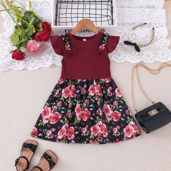 12M-5Y Burgundy Striped Bowknot Flying Sleeve Flower Dress Wholesale Kids Boutique Clothing