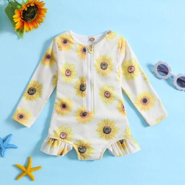 18M-6Y Toddler Girls Bikini Sunflower Printed Long Sleeve Zip-Up Swimsuit Wholesale Girls Clothes V3823032000049