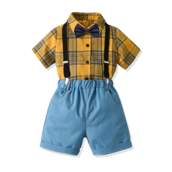 18M-7Y Toddler Boys Plaid Bowtie Shirts Suspender Shorts Suit Set Wholesale Boys Clothing V3824050500103