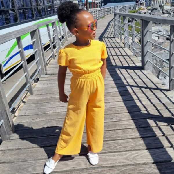 18M-7Y Toddler Girl Solid Color Bubble Sleeve Waist Wide Leg Jumpsuit Wholesale Girls Fashion Clothes V5923031500168