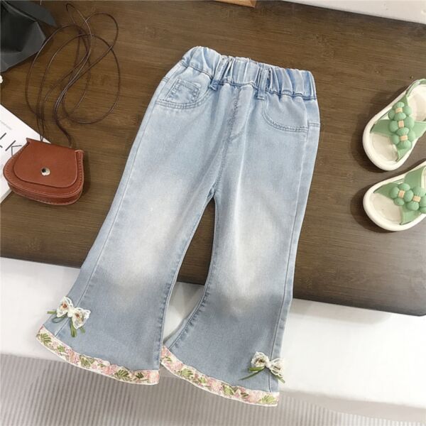 12M-6Y Toddler Floral Bow Cropped Flared Jeans Wholesale Girls Clothes V3824051400044