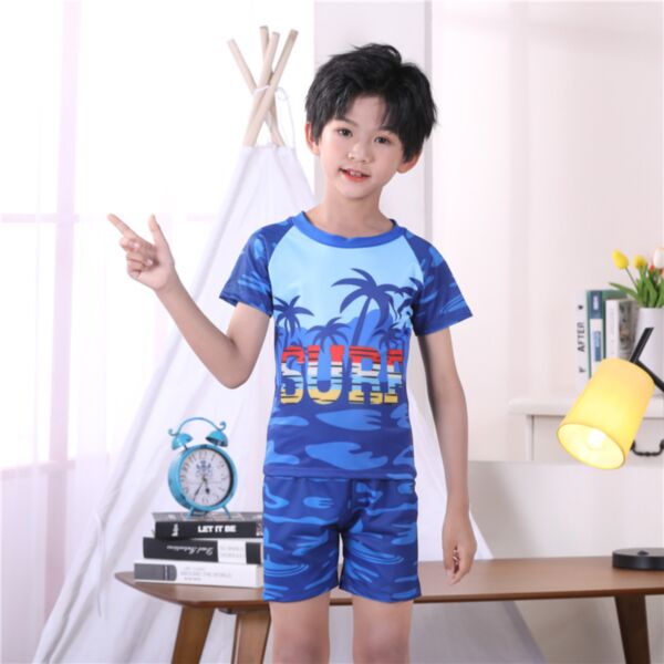 4-9Y Blue Coconut Tree Short Sleeve Tops And Shorts Set Wholesale Kids Boutique Clothing