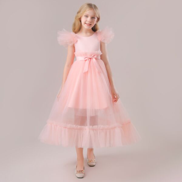 4-12Y Big Kids Girls Pure Color Mesh Flying Sleeve Princess Dress Kids Wholesale Clothing V3823031400075