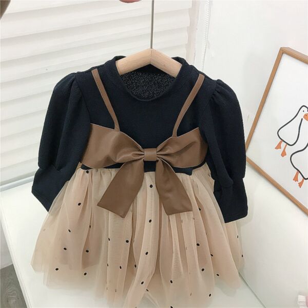 18M-7Y Toddler Girls Leather Bowknot Polka Dot Mesh Dress Wholesale Girls Clothes V3823022700070