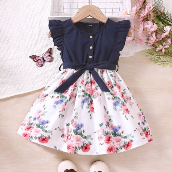 18M-6Y Flying Sleeve Button Bowknot Flower Dress Wholesale Kids Boutique Clothing