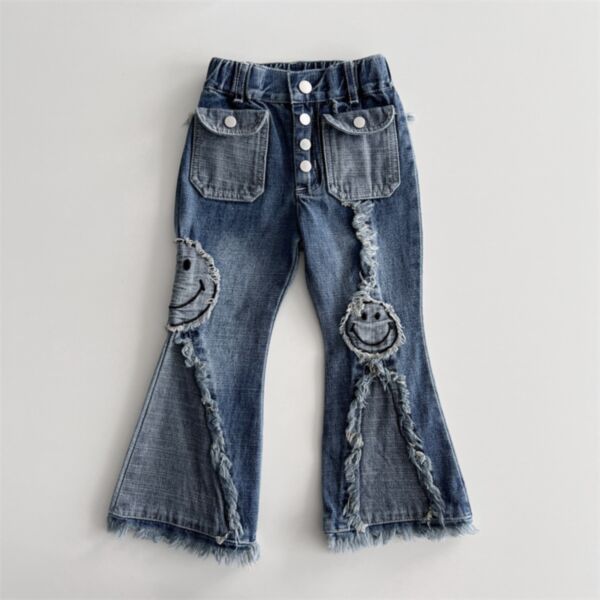 18M-7Y Toddler Girls Smiley Face Embroidered Denim Flared Pants Wholesale Girls Clothes V3823112000021