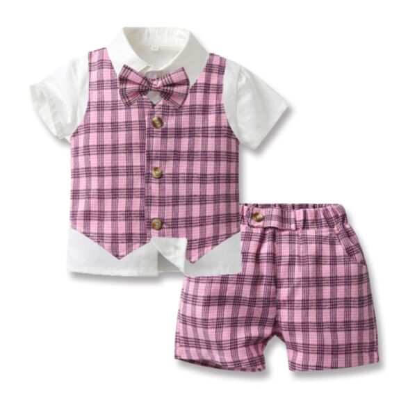 9M-7Y Toddler Boys Sets Vintage Plaid Vest White Short Sleeve Bow Tie Cardigan & Shorts Wholesale Boys Clothes V3823021500002
