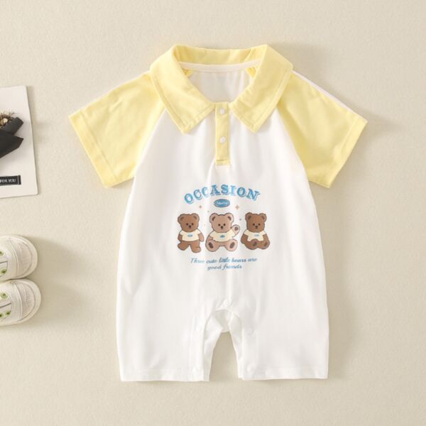 0-12M Letter Bear Print Colorblock Short Sleeve Jumpsuit Baby Wholesale Clothing