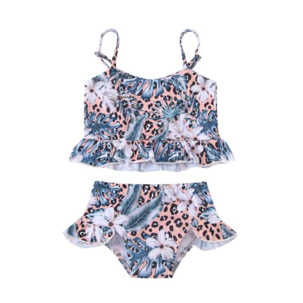 Two-Piece Leopard Flower Print Swimwear For Girl