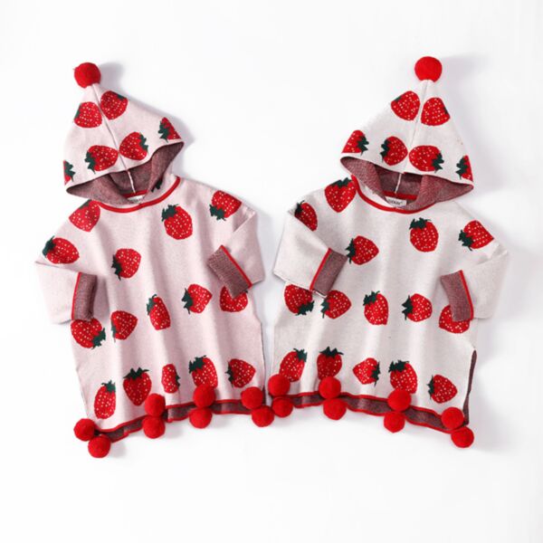 9M-5Y Toddler Girls Pom Pom Hem Strawberry Hooded Pullover Sweater Wholesale Girls Clothes KTV386361 pink