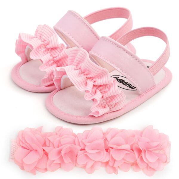3-18M Baby Girls Ruffle Trim Sandals With Headband KSHO168926 pink